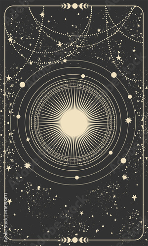 Magic tarot card, night celestial background with stars. Frame for astrology, witchcraft, predictions. A new star is born. Vector hand drawn illustration.