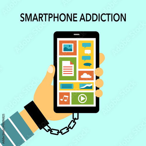 Smartphone addiction concept vector illustration. Hand holding mobile phone with social network, mobile app on screen.