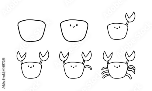 how to draw a cute crab step by step. sea animal cartoon coloring character collection for kids. easy funny animal drawing illustration for kids creativity. drawing guide book in vector design.
