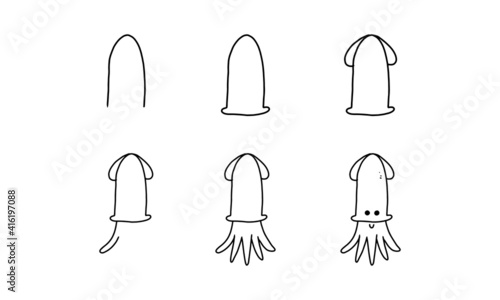 how to draw a cute squid step by step. sea animal cartoon coloring character collection for kids. easy funny animal drawing illustration for kids creativity. drawing guide book in vector design.