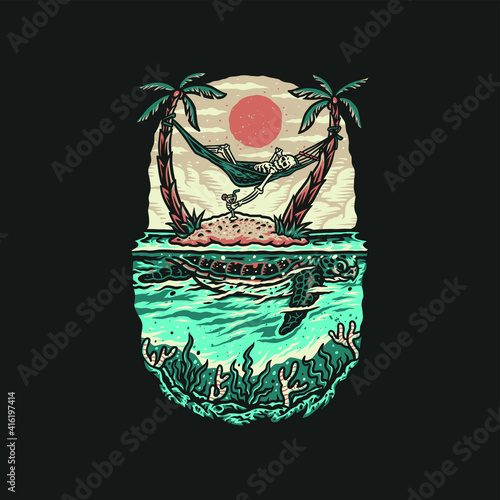 Skeleton and turtle summer beach t shirt graphic design, hand drawn line style with digital color, vector illustration