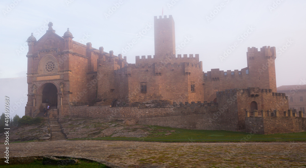 Castle Castillo de Javier in the fog. Huesca Province. Aragon. Spain