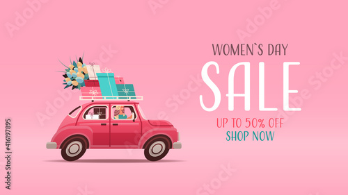 young woman driving car with gifts and flowers womens day 8 march holiday shopping sale concept lettering greeting card horizontal vector illustration