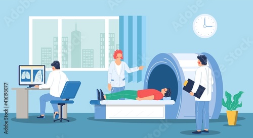 Computed tomography scan of the chest, flat vector illustration. Doctor looking at CT scan image of patient lungs on monitor screen. Pulmonology diagnostics. Radiography equipment for lungs checkup.