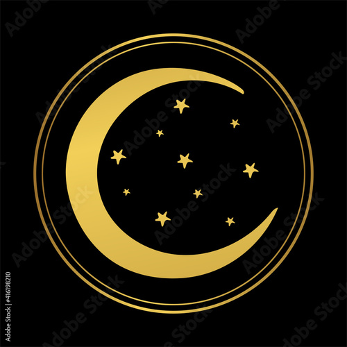 Abstract boho hand drawn illustration, golden crescent moon with stars in a round frame on a black background, tarot card, astrological symbol. Divine celestial sign.