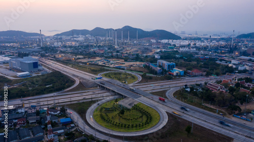 Aerial view ring road industry and oil refinery production plant background