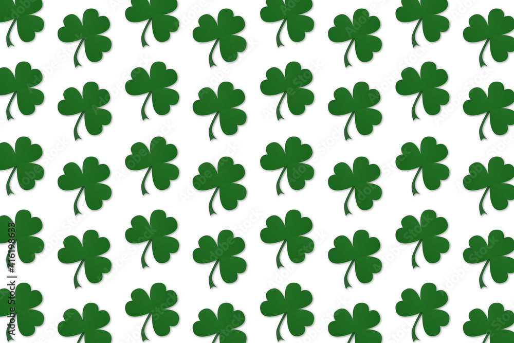 Fototapeta premium Fondo Dia de San Patricio. Blanco y Verde. Repetición de treboles. Con textura. 