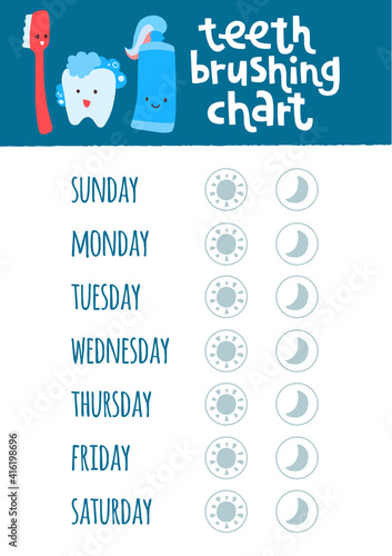 Teeth brushing chart. Incentive sheet, child dental poster.