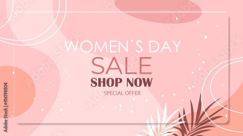 womens day 8 march holiday celebration vibrant sale banner flyer or greeting card with decorative leaves and hand drawn textures horizontal vector illustration