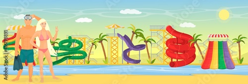 Happy couple enjoying water park attractions, flat vector illustration. Amusement park with water slides and rides. Aquapark entertainment. Summer beach activity.
