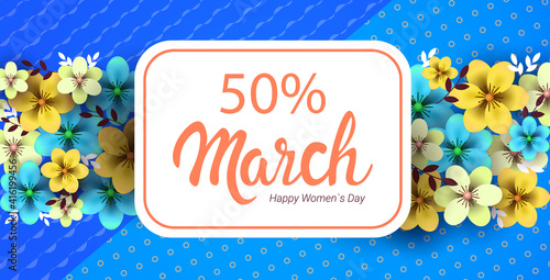 womens day 8 march holiday celebration concept sale banner greeting card poster or flyer with flowers horizontal vector illustration