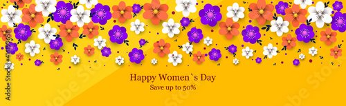 womens day 8 march holiday celebration concept sale banner greeting card poster or flyer with flowers horizontal vector illustration