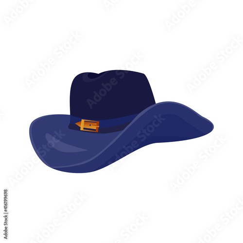 Cowboy hat with brim. Leather headdress. Attribute or accessory of American cowboys. Isolated element. Vector illustration