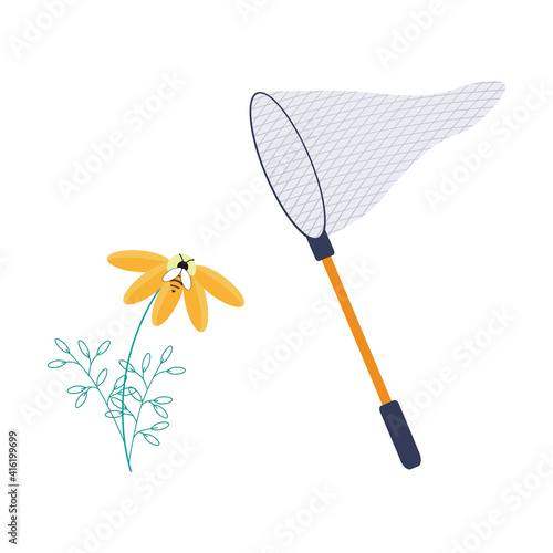 A landing net for catching butterflies or insects. Hobby, leisure or leisure concept. Bee or wasp on a flower. Botanical study of nature and the environment. Vector illustration.