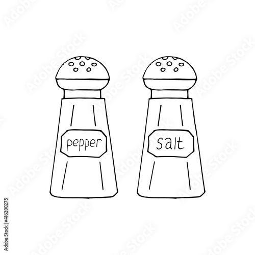 salt and pepper shaker set icon, sticker. sketch hand drawn doodle style. vector, minimalism, monochrome. kitchen, seasonings, food.