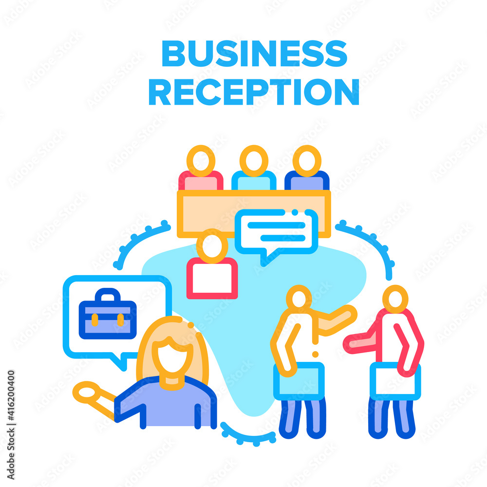 Business Reception Office Vector Icon Concept. Business Reception For Consulting And Communication With Customer. Administrator Discussing With Client Or Visitor Color Illustration