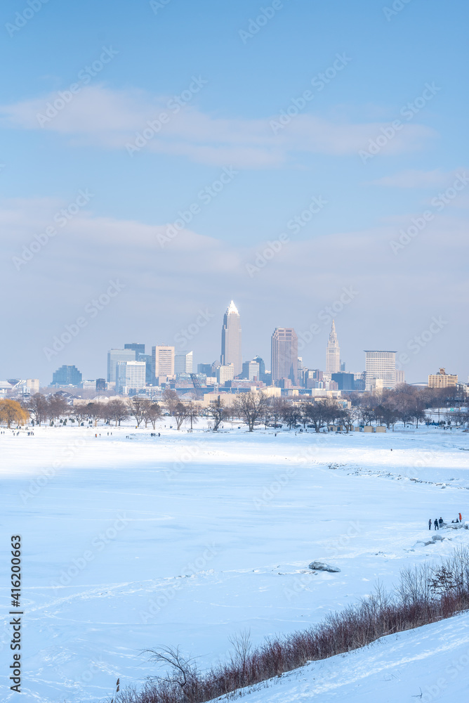 Cleveland skyline in the winter from edgewater park