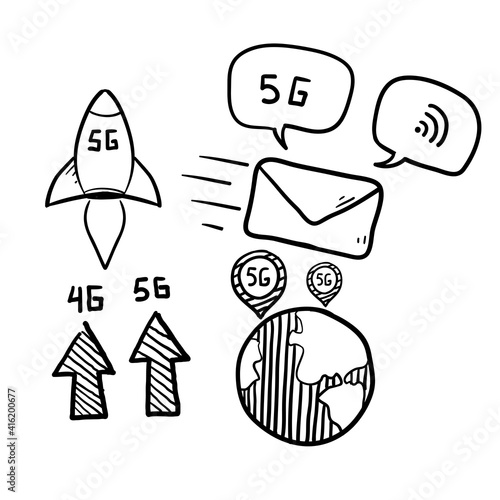 hand drawn doodle Network 5g concept. Fifth generation telecommunications, fast internet connection speed and low latency networks vector illustration set