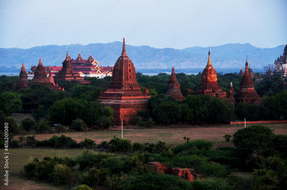 View landscape ruins cityscape World Heritage Site with over 2000 pagodas and Htilominlo temples look from Shwesandaw Paya Pagoda in morning time at Bagan or Pagan ancient city in Mandalay, Myanmar