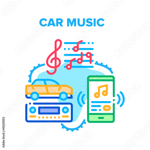 Car Music Device Vector Icon Concept. Car Music Technology For Listening Songs And Radio, Phone Application For Wireless Communication With Automobile Main Audio System Color Illustration