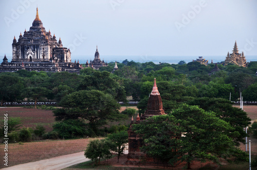 View landscape ruins cityscape World Heritage Site with over 2000 pagodas and Htilominlo temples look from Shwesandaw Paya Pagoda in morning time at Bagan or Pagan ancient city in Mandalay, Myanmar