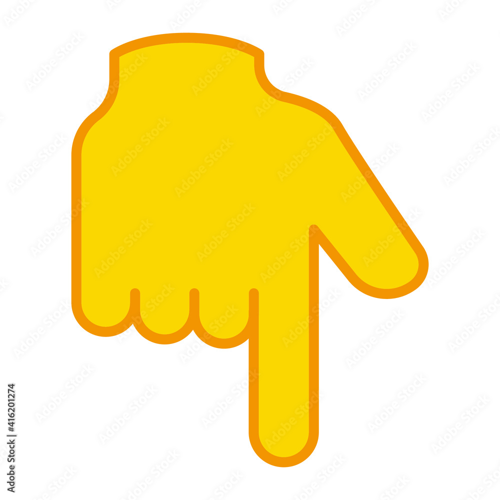 Backhand index pointing down icon. Simple filled outline style. Hand, down, arrow, finger concept. Vector illustration isolated on yellow background. EPS 10