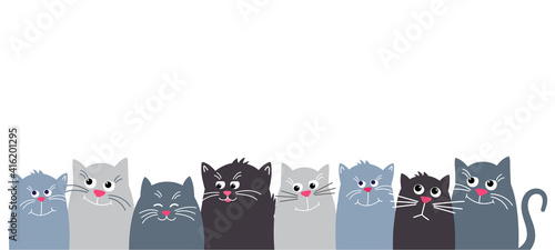 Horizontal banner with many Cute pet on a white background. crowd Cute pet grey. Different muzzle of cats, funny, sad, dreamy. Vector illustration in Flat style.