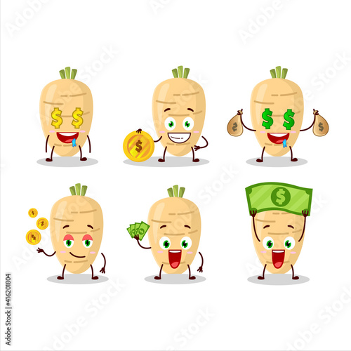 Long radish cartoon character with cute emoticon bring money