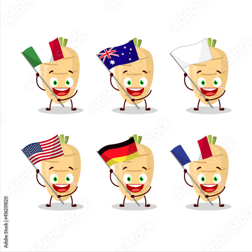 Long radish cartoon character bring the flags of various countries