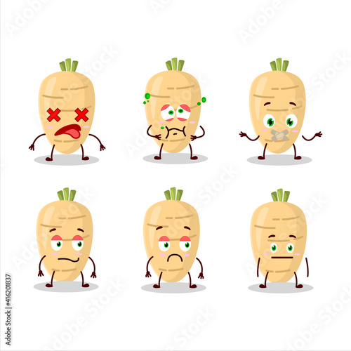 Long radish cartoon character with nope expression