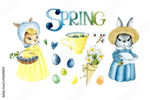 Spring Easter egg watercolor elements set