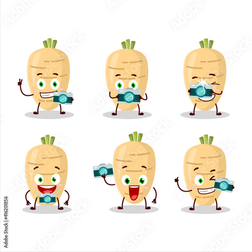 Photographer profession emoticon with long radish cartoon character