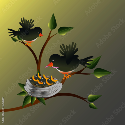 Bird with a worm perched on a tree with nest with young nestlings chirping for food..