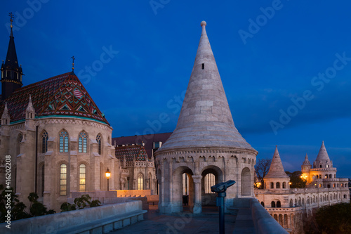 Image of Fisherman Bastion in night illumination of Hungary outdoor.