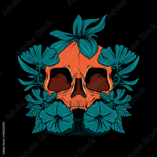 Illustration of horror skull with flower for t-shirt design