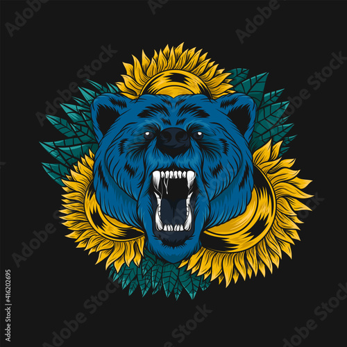 Illustration of bear head with flower frame for t-shirt or tattoo design