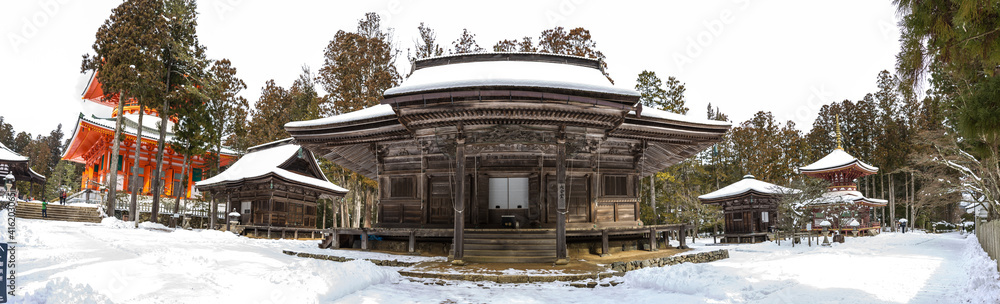Temple in japan in winter Snow covered.