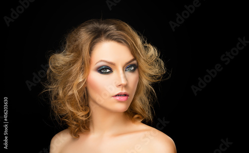 Woman with luxury makeup. Smokey eyes make up. Visage, beauty salon, skincare, cosmetics.
