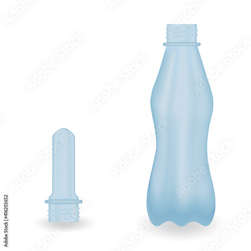 Raw material for plastic bottle and a PET bottle after the blowing process on white background. Vector illustration design