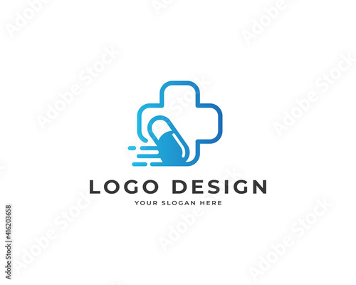 Health care capsule logo vector. Fast delivery medicine capsule pill logo design