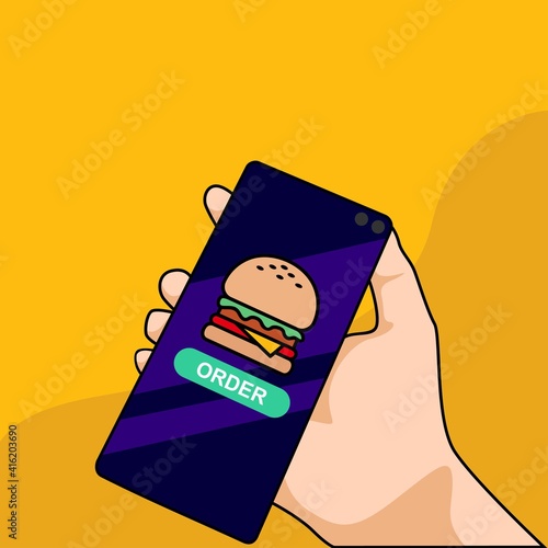 Vector mobile food order concept in flat style - human hand holding mobile phone with order and buy button on the screen