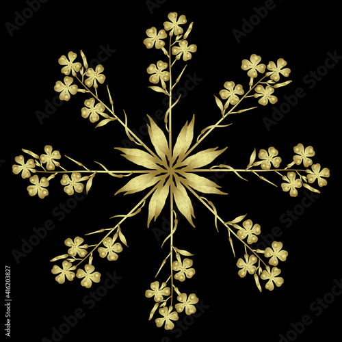 Round floral mandala or star with blooming branch of Hesperis Alba flowers. Dame's Rocket. Sweet Rocket. Golden glossy silhouette on black background.