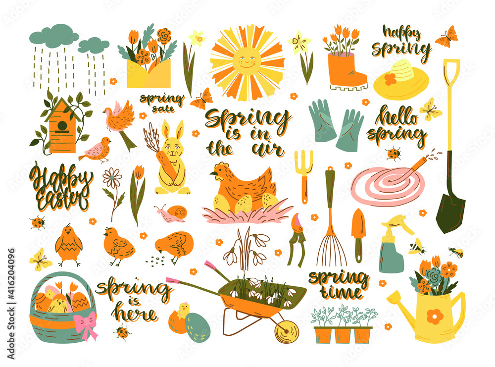 Spring set. Happy Easter with rabbit, eggs, chicken, inscriptions. Hello spring with garden items. Vector set.
