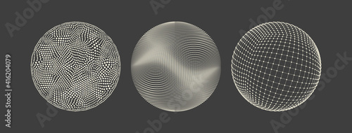 Spheres with connected lines and dots. Abstract 3d grid design. Technology style. Vector illustration.