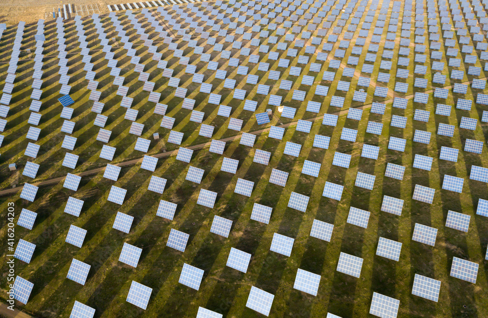 Fototapeta premium Solar panels. Solar farms aerial photo. High quality photo