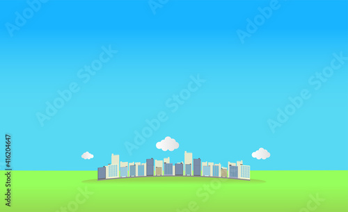 Fototapeta Naklejka Na Ścianę i Meble -  ビル・都会と緑と青空の背景