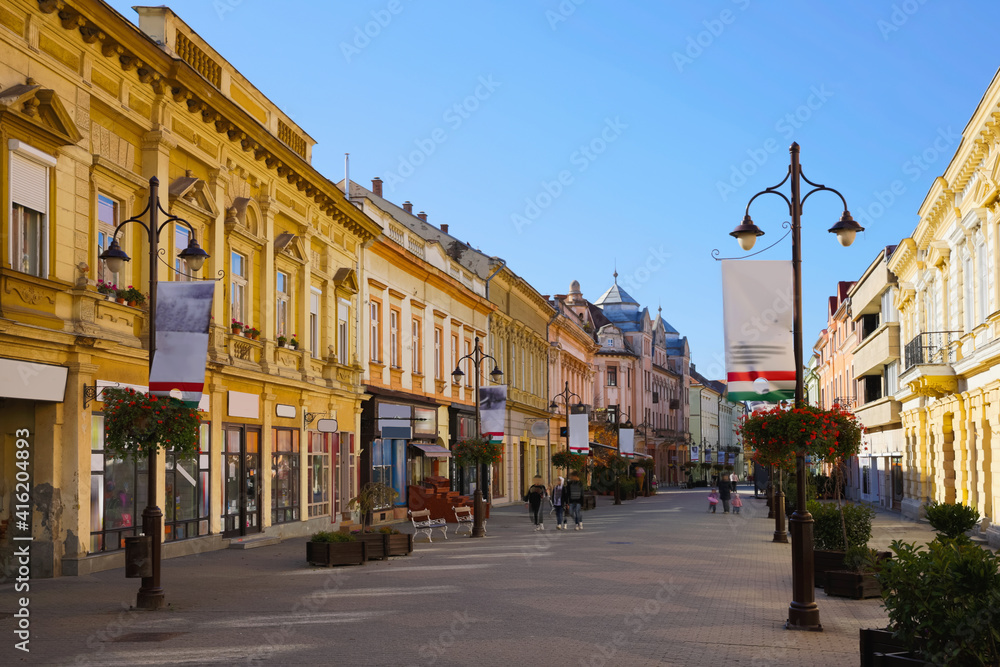 Small cozy houses in the old town center of Kaposvar, Hungary