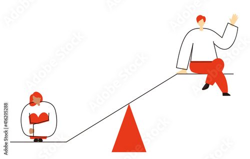Illustration of a man and a woman on a seesaw. Image of gender disparity. Vector illustration on white background.