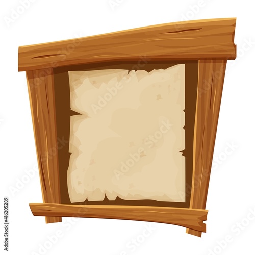 Banner from wood planks with piece of paper, parchment in cartoon style, wild west frame, board Isolated on white background. Ui game assets, empty textured wooden desk. 