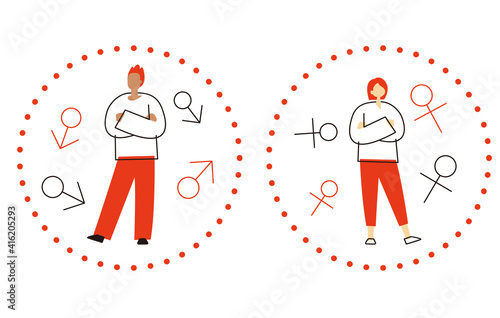 Illustration of a man and woman in conflict. Image of gender disparity. Vector illustration on white background.